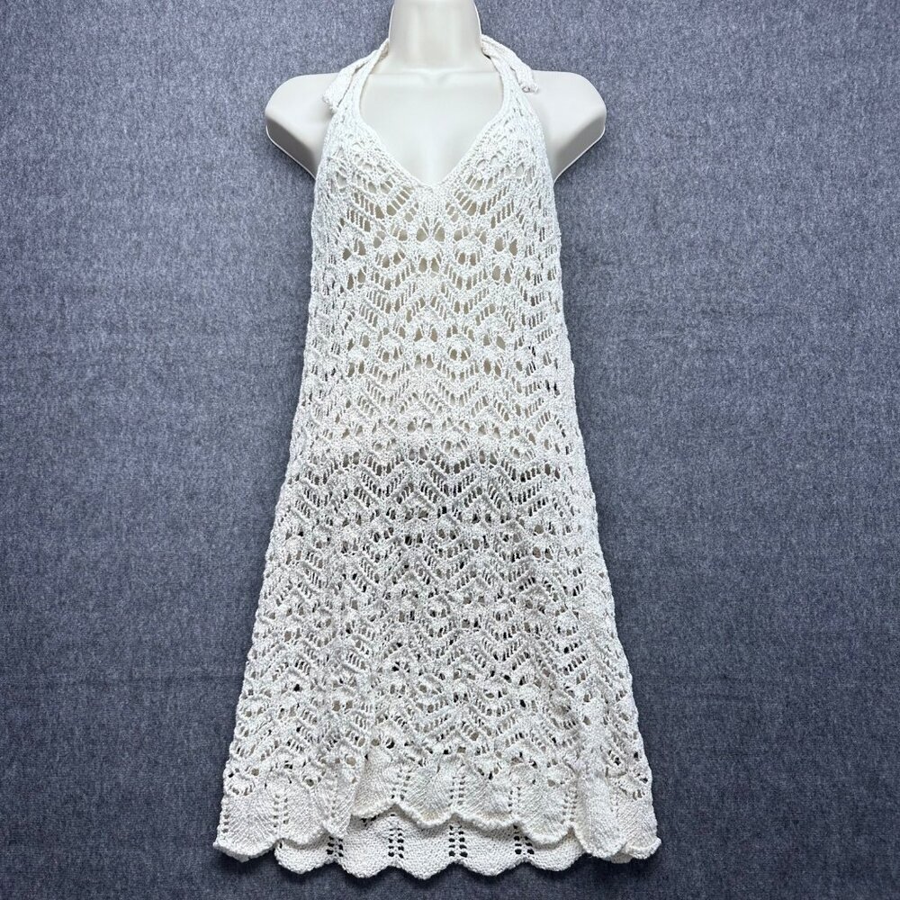 Zara Womens Crochet Lace Halter Dress Size M Ivory Beachwear Lightweight Stretch
